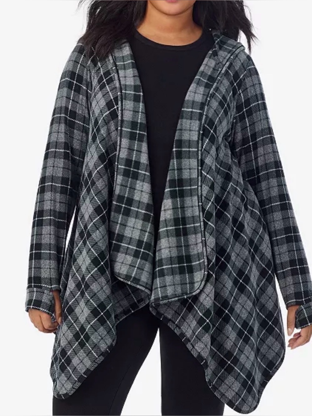 Cuddl Duds Women's Fleecewear Long Sleeve Hooded Wrap, Blk Pld, 1X/2X, $54 OP